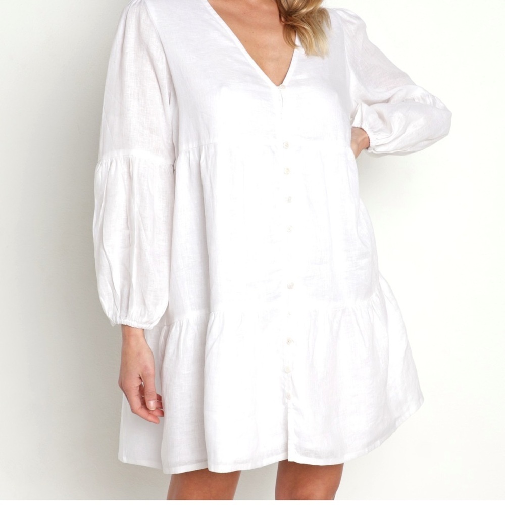 FAITHFUL The BRAND Dija Mini Dress 100% Linen White LongSleeve Sz 4 S Lagenlook - Picture 2 of 12